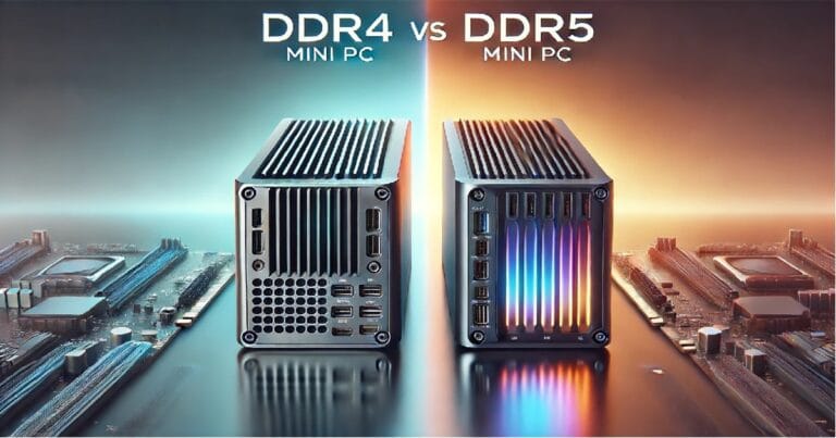 Comparison of DDR4 and DDR5 mini PCs in horizontal position showcasing outer casing design and ports