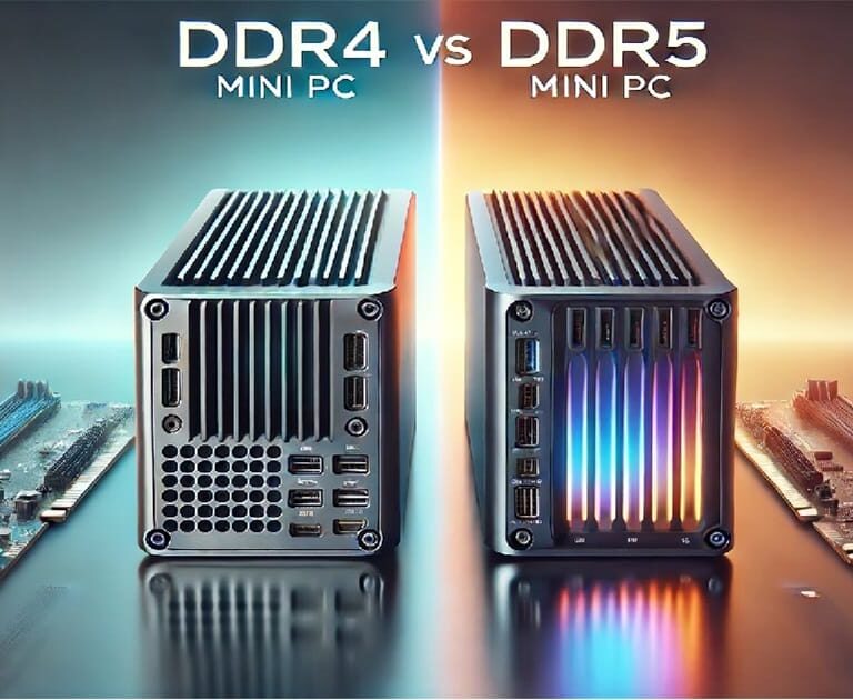 Comparison of DDR4 and DDR5 mini PCs in horizontal position showcasing outer casing design and ports
