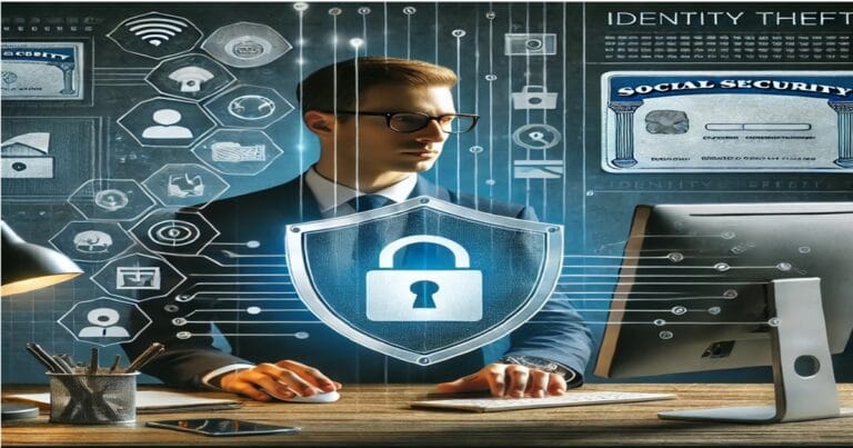 A professional at a computer with digital security elements like padlocks, codes, and icons for banking and credit cards, symbolizing identity theft protection.