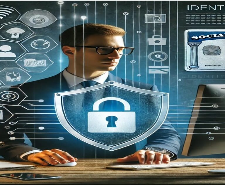 A professional at a computer with digital security elements like padlocks, codes, and icons for banking and credit cards, symbolizing identity theft protection.