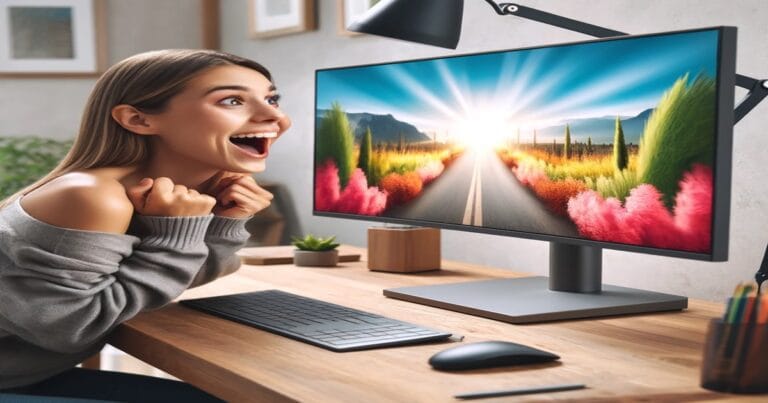 Excited woman viewing a vibrant display on a desktop monitor