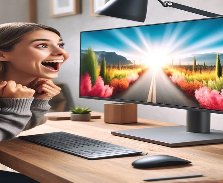 Excited woman viewing a vibrant display on a desktop monitor