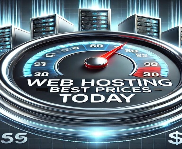 Graphic showing high-speed web hosting servers with the text 'Web Hosting Speeds Best Prices Today' prominently displayed
