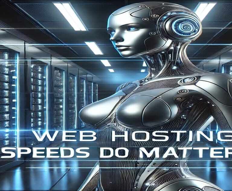 Futuristic cyborg woman with human-like features standing in a high-tech server room, with the text 'Web Hosting Speeds Do Matter' displayed prominently.