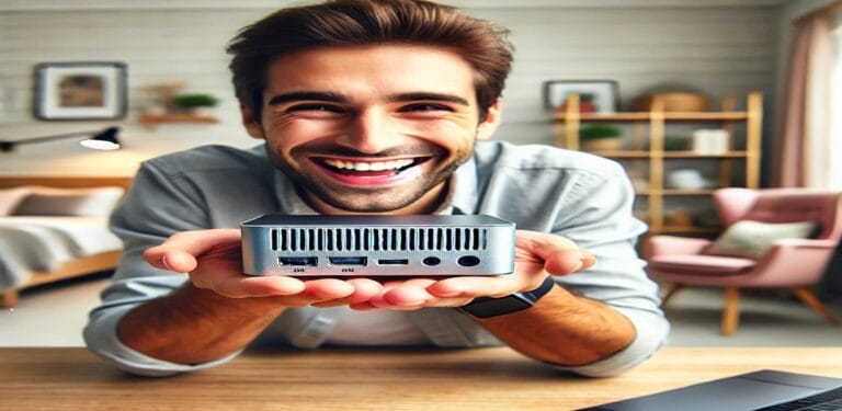 A Student a holding a sleek, tiny Mini PC