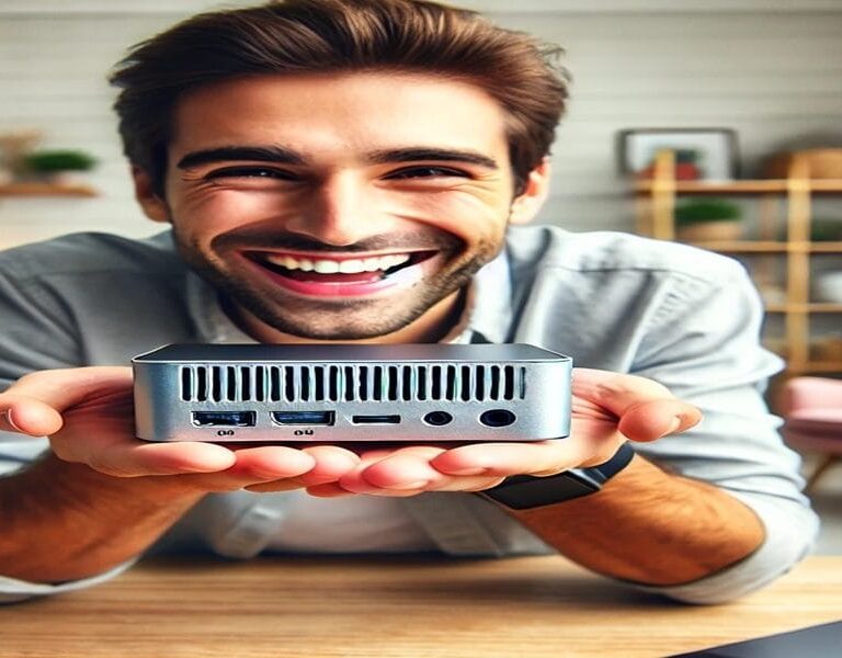 A Student a holding a sleek, tiny Mini PC
