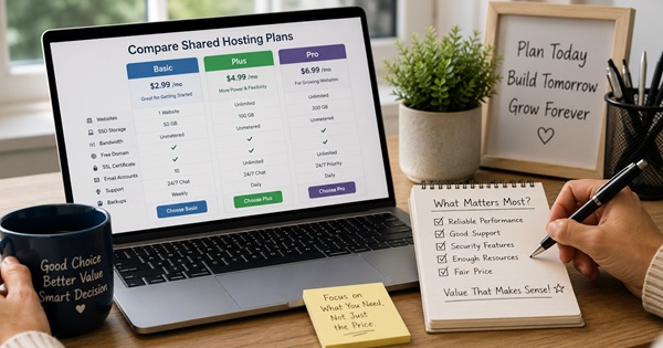 Comparing shared hosting plans by price, performance, support, security, and resources