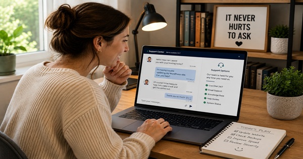 Website owner receiving helpful technical support through an online chat