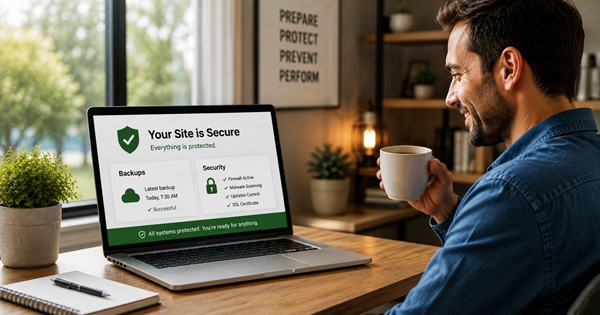 Website owner viewing successful security and backup protection status on a laptop