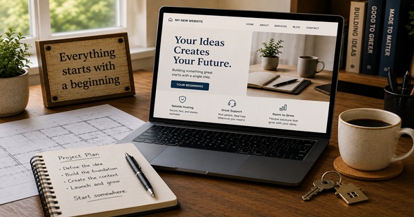 Workspace with a new website, project plans, and ideas for building an online future