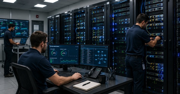 Technicians monitoring and maintaining servers inside a modern data center