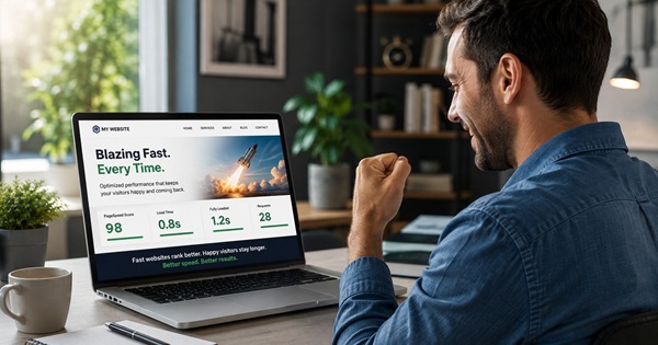 Website owner viewing fast loading performance results on a laptop