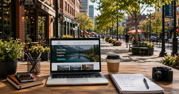Laptop website workspace on a desk in a busy urban setting representing a new website finding its place online