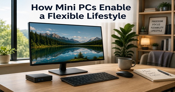 Compact Mini PC with monitor, keyboard and mouse in a flexible home workspace