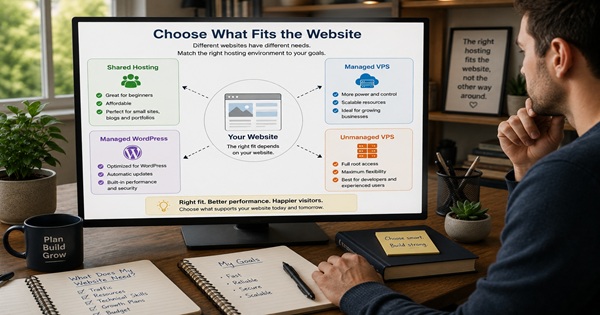 Website owner comparing Shared Hosting Managed WordPress Managed VPS and Unmanaged VPS to choose the right fit for a website