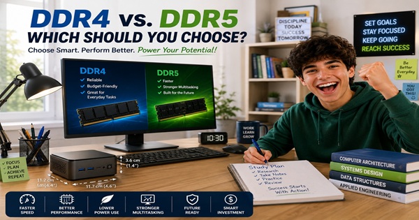 DDR4 vs. DDR5 Mini PC comparison showing performance, multitasking, efficiency, and future-ready benefits for students