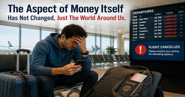Stranded traveler at an airport checking his phone after multiple flights are cancelled on the departures board.