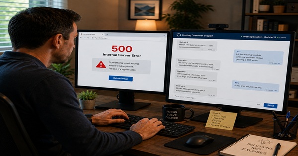 Website owner troubleshooting a 500 server error while chatting with a hosting customer support web specialist