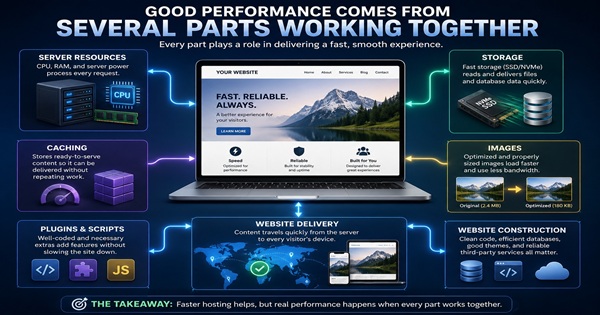 Website performance diagram showing server resources, storage, caching, images, scripts and website construction working together