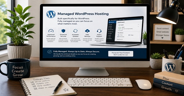 Managed WordPress hosting workspace illustrating performance, security, automatic updates, backups and support