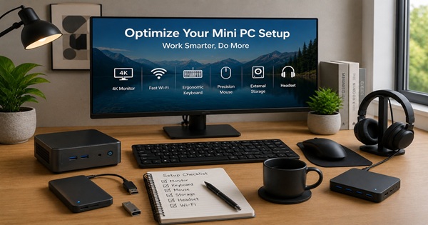 Mini PC workspace with monitor, keyboard, mouse, external storage, Wi-Fi and headset accessories