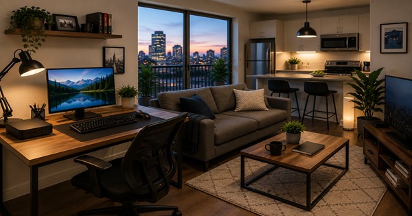 Mini PC workstation with monitor and keyboard in a comfortable student apartment living space