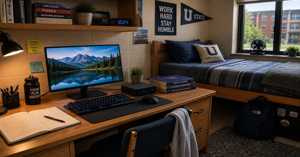 Mini PC student dorm room setup with monitor, keyboard, study desk, books, and compact workspace