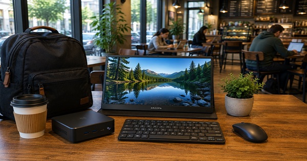 Portable Mini PC student setup with monitor, compact keyboard, mouse and backpack in a coffee shop