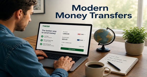 Man using a laptop to review a Wise international money transfer with exchange rates, fees, and transfer details displayed.
