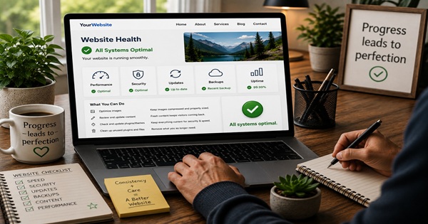 Website owner reviewing performance security updates backups and overall website health during routine optimization