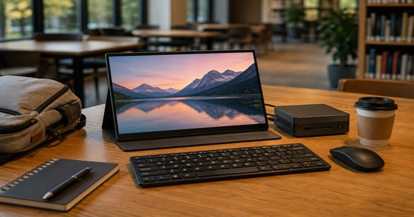 Portable monitor with Mini PC, wireless keyboard and mouse set up as a mobile student workstation in a library.