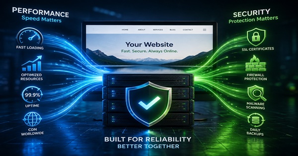 Web hosting server illustration showing website performance and security working together to support speed protection and reliability