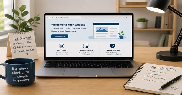 Laptop workspace illustrating a simple starting point for building and hosting a first website
