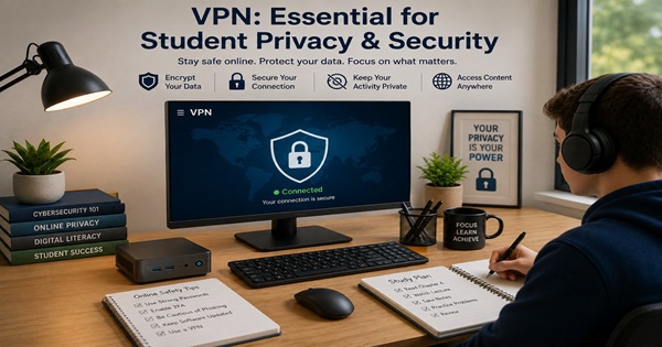 Student using a Mini PC with a secure VPN connection for online privacy and data protection