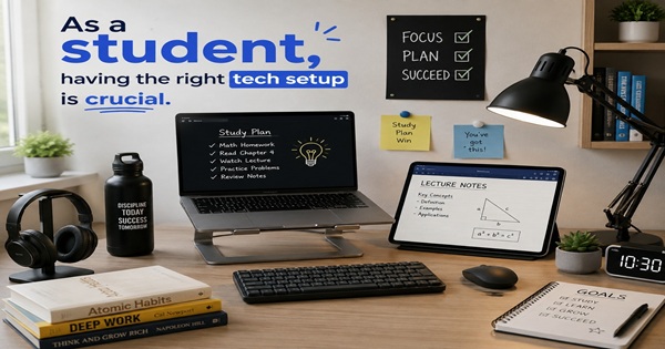 Student study desk with laptop, tablet, keyboard, headphones, books, and productivity tools.