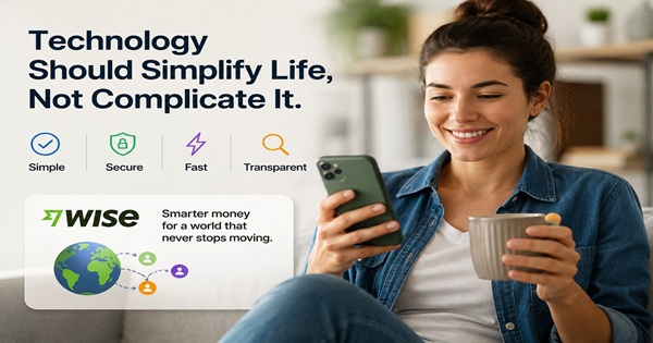 Woman using her phone beside a Wise graphic illustrating simple, secure, fast, and transparent money transfers.