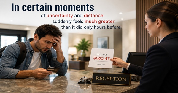 Traveler at a hotel reception looking concerned after being presented with a larger-than-expected bill.