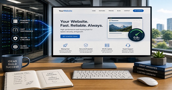 Fast web hosting connecting modern server infrastructure to a responsive website
