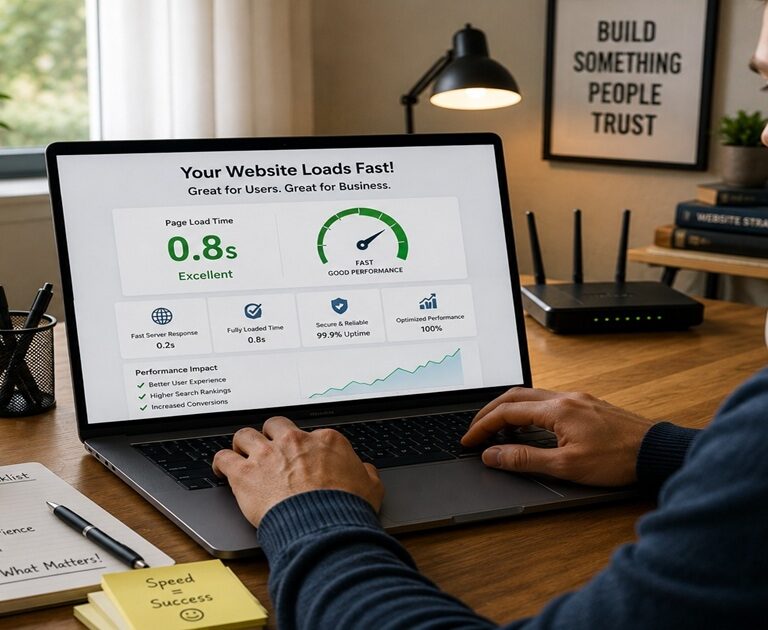 Website owner reviewing fast website loading performance on a laptop in a modern home office.