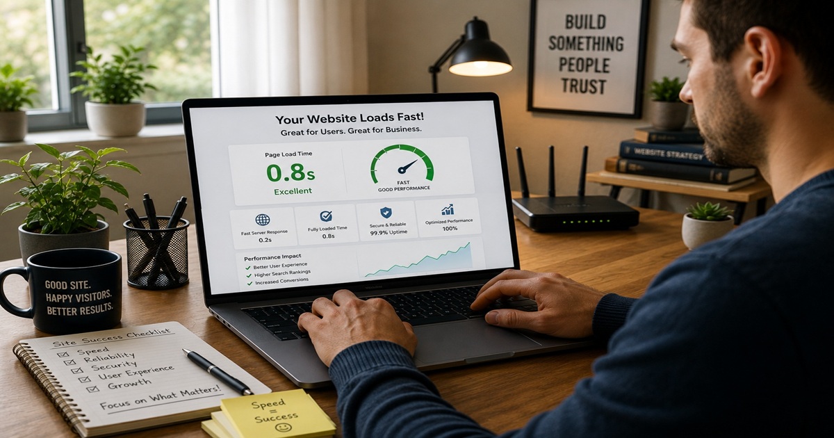 Website owner reviewing fast website loading performance on a laptop in a modern home office.