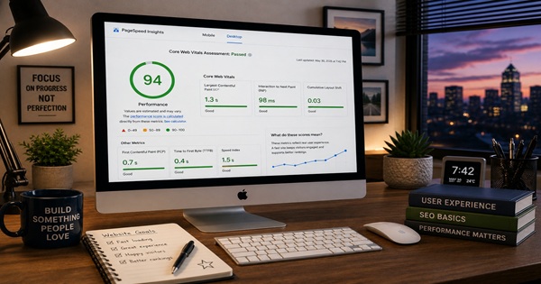 Website speed performance dashboard showing a score of 94 with Core Web Vitals and user experience measurements