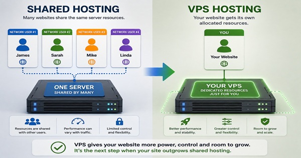 Shared hosting with four network users sharing one server compared with a VPS providing allocated resources for one website