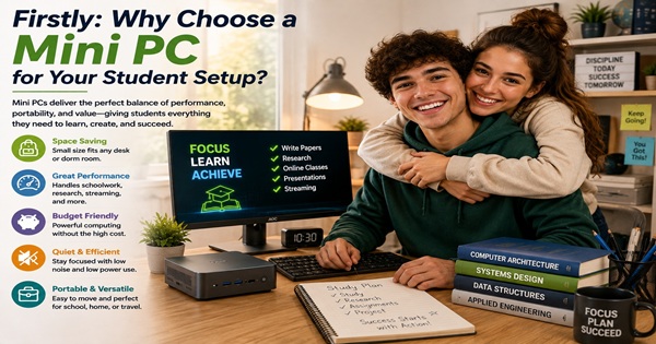 Student using a Mini PC while studying with his girlfriend hugging him in a modern home study environment.