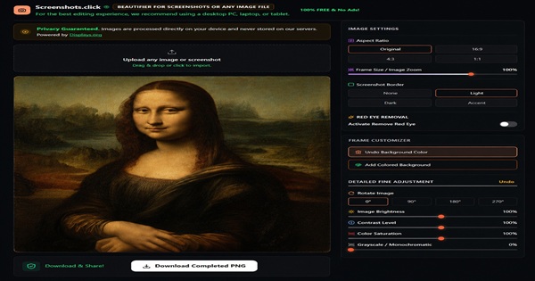 Mona Lisa displayed in the Screenshots.Click image editor with image adjustment controls.