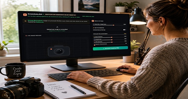 Woman using Screenshots.Click on a large desktop monitor in a comfortable creative workspace with camera equipment nearby.