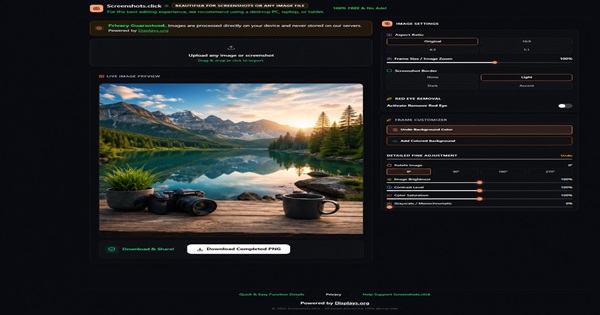 Mountain landscape photograph displayed in the Screenshots.Click live image editor with adjustment controls.