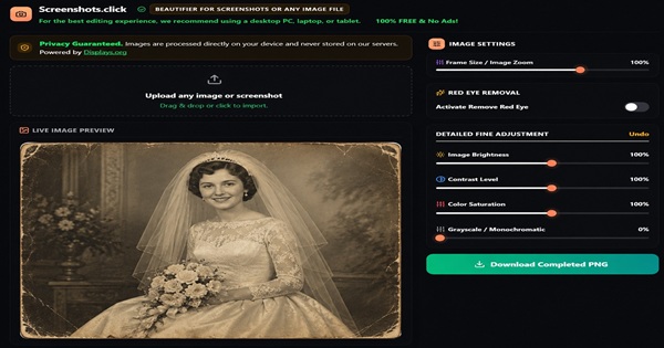 Vintage 1960 wedding photograph displayed in the Screenshots.Click image editor with brightness, contrast, saturation, and grayscale controls.