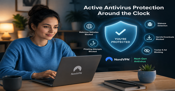 Woman using a laptop with NordVPN next-generation antivirus providing active protection against online threats