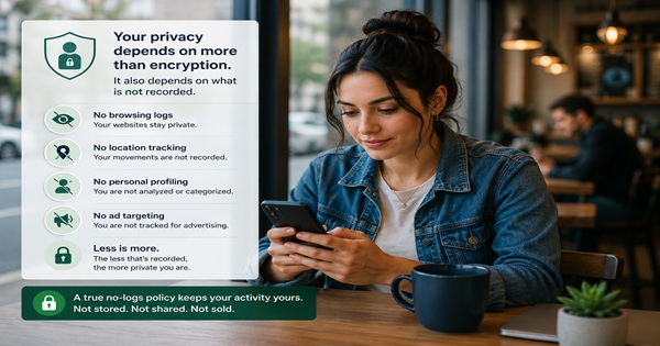 Woman using a smartphone while data encryption protects her internet connection