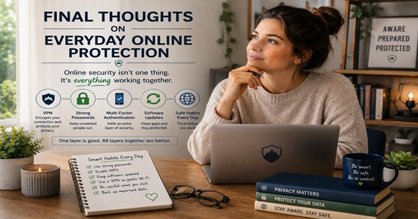 Thoughtful woman considering everyday online protection including VPN security, strong passwords, multi-factor authentication, software updates, and safe online habits